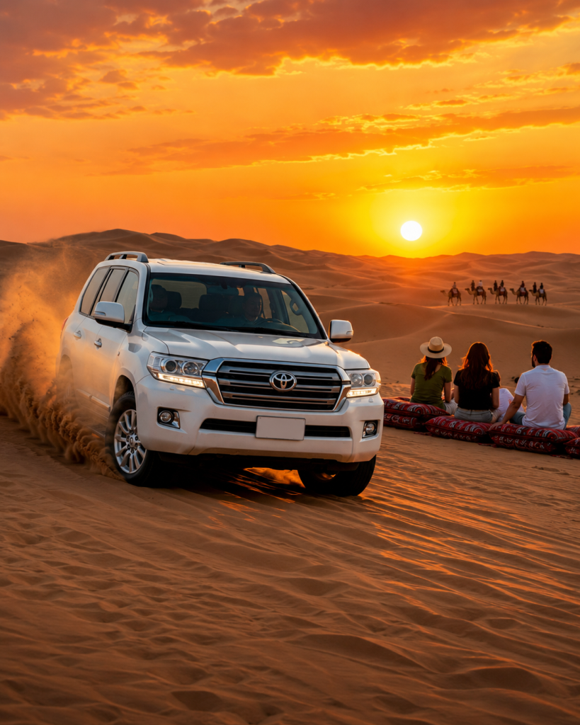 Abu Dhabi Sunset Safari with Land Cruiser at sunset.